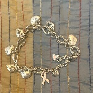 Costume Silver Charm Bracelet with Heart and Ribbon Accents